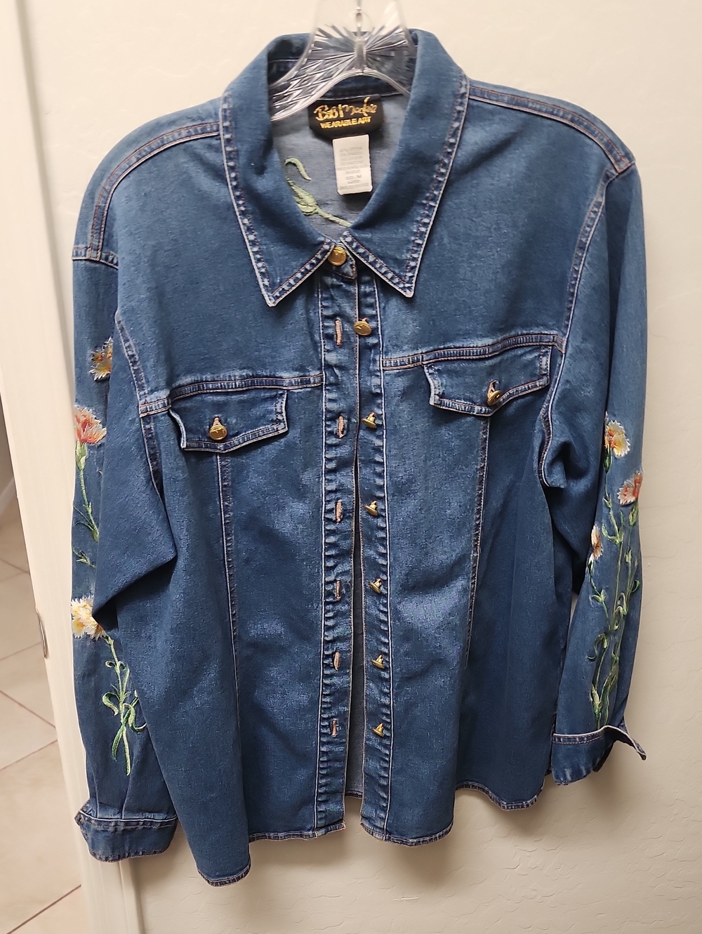 Vintage-Inspired Embroidered Denim Shirt Jacket - Blue
